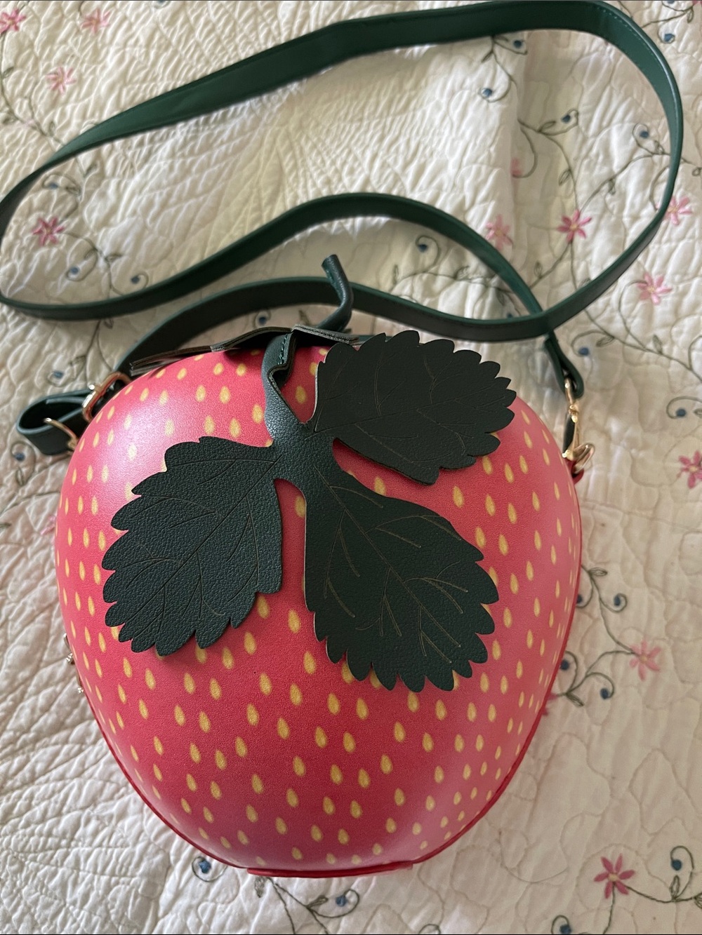 Strawberry-Shaped Crossbody Bag in Red with Green Strap